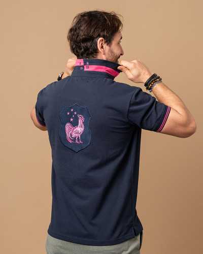 Polo rugby Coq en Dos marine & rose