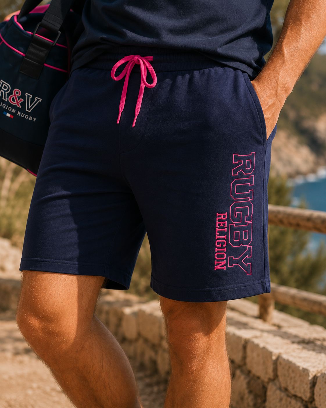 Navy & Fuchsia Fleece Rugby Shorts