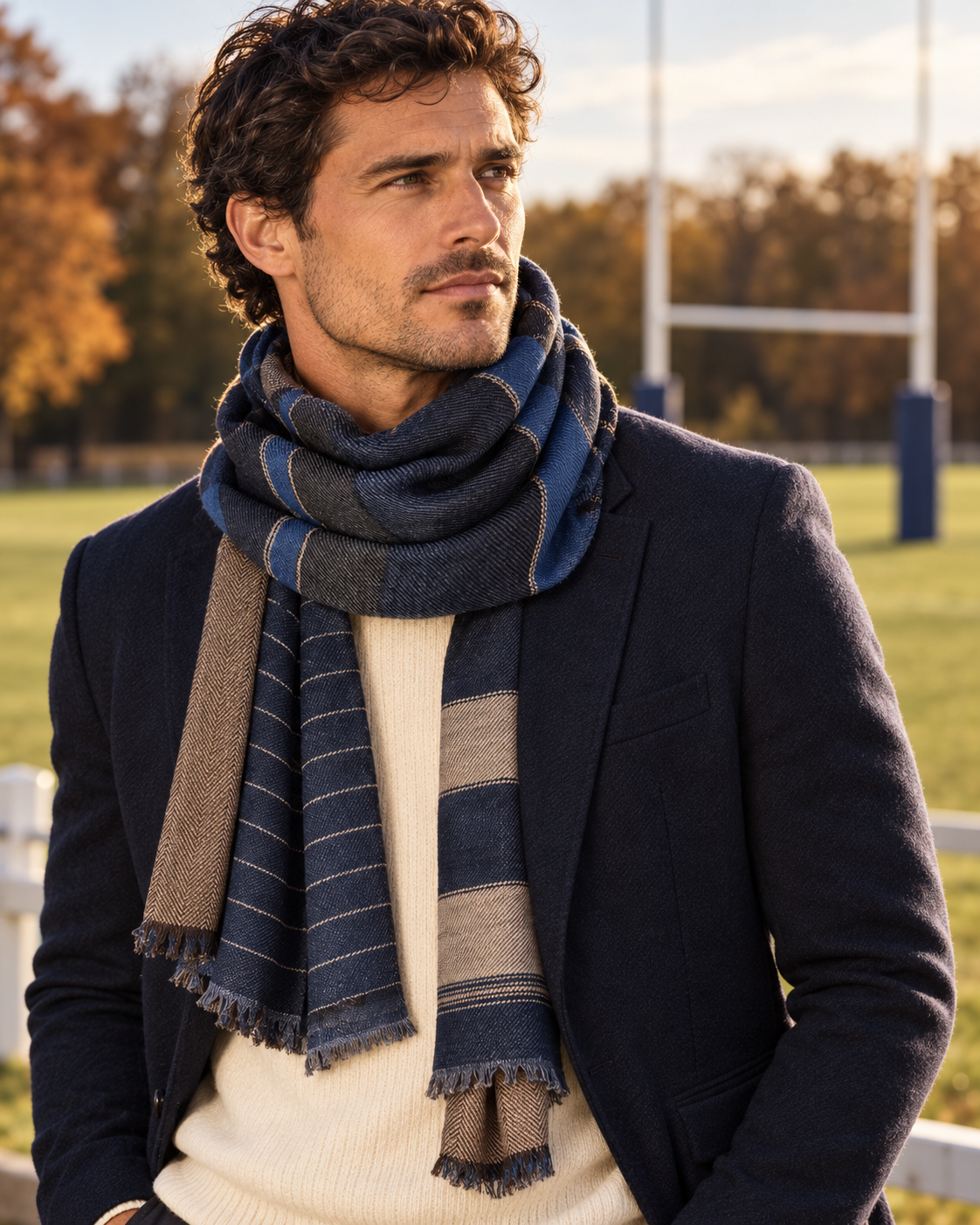 Chèche Rugby à rayures bleu et marron