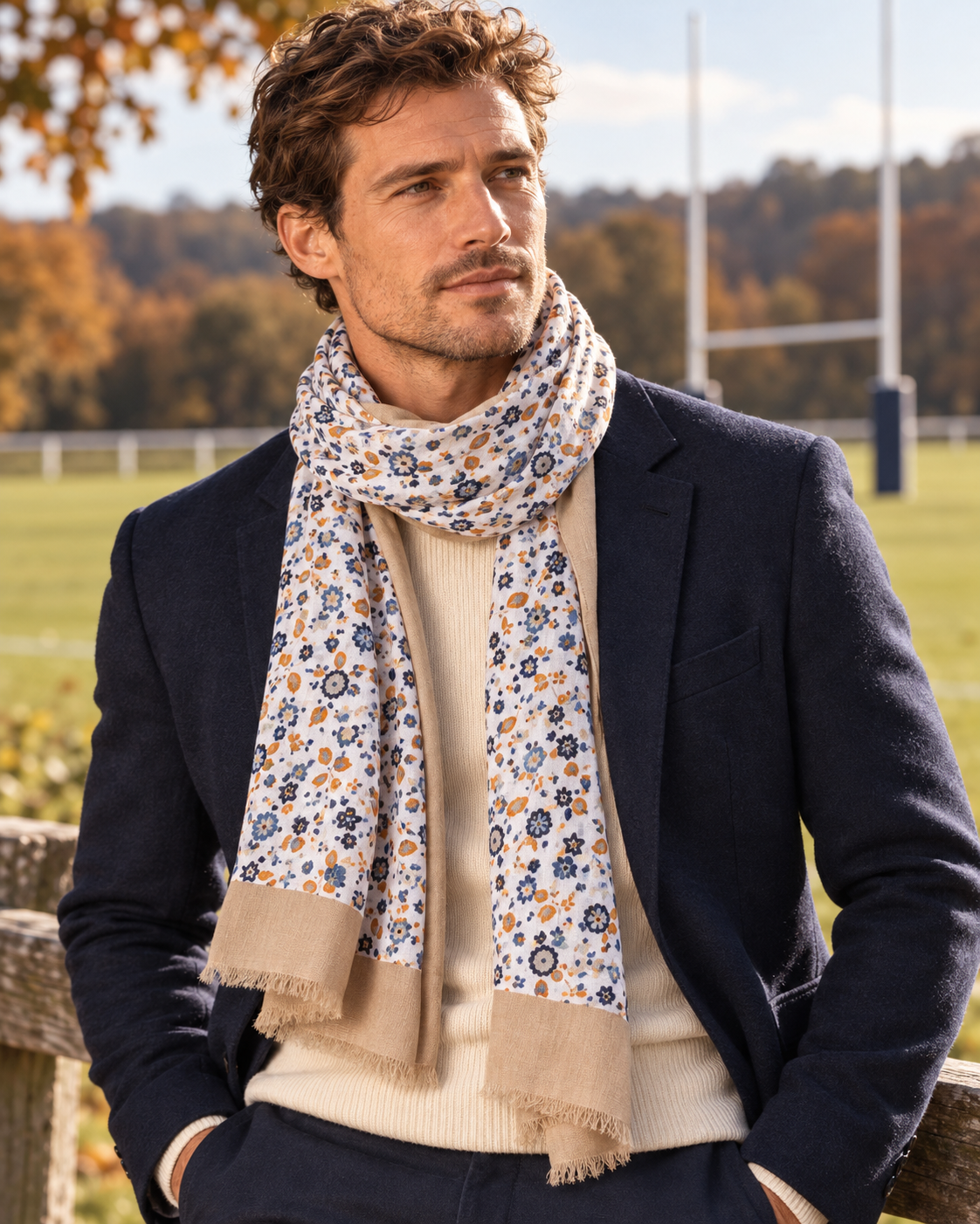 Chèche Rugby à motifs floraux bleu et blanc