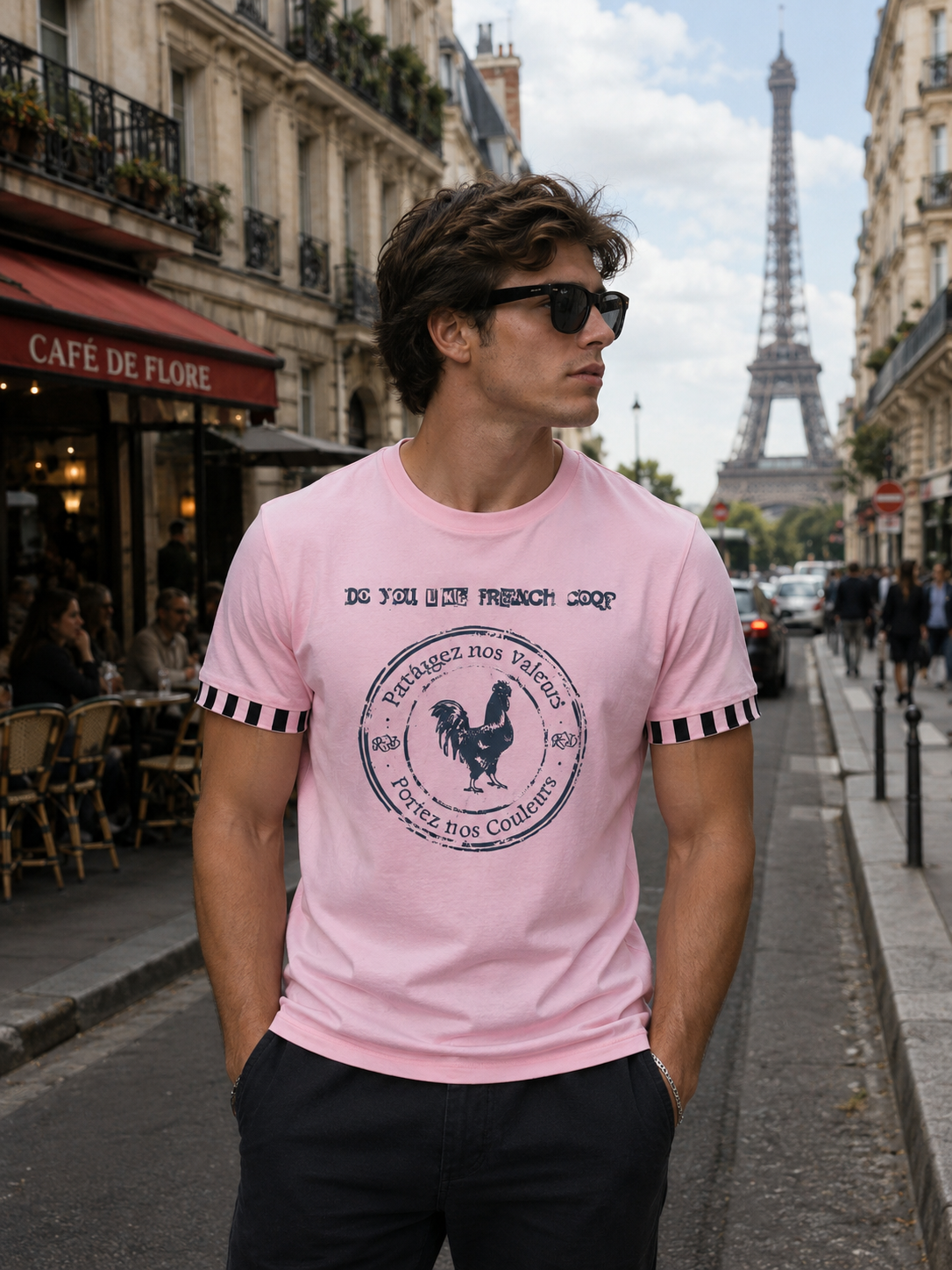 T-shirt rugby Coq en Rose clair
